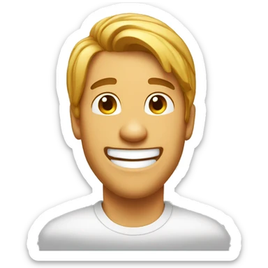 a man with a ponytail (the hairstyle) and a white t-shirt laughing. sticker