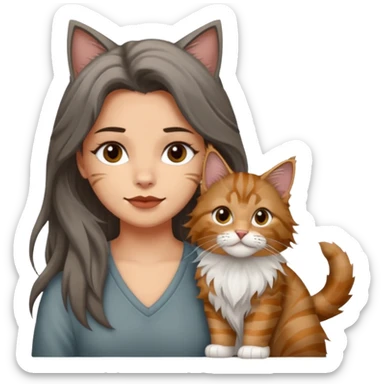 Emojis de una chica de pelo castaño largo sujetando un gatito gordo peludo mainecoon de colores gris negro y marrón  sticker
