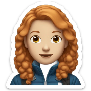 Straight, ginger hair and blue eyes woman with a Canadian jacket sticker