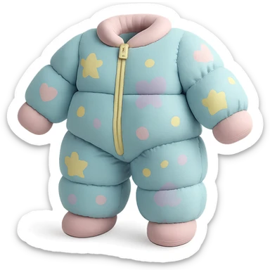 cushion style onesie pajamas with playful patterns, soft and puffy look, pastel colors sticker
