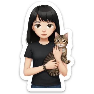A girl with black long hair and bangs, wearing a black short-sleeved shirt, a brown bracelet on her right wrist, white skin, holding a tabby cat, the cat is standing upright sticker