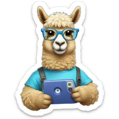 blue alpaca with glasses holding a gameboy sticker