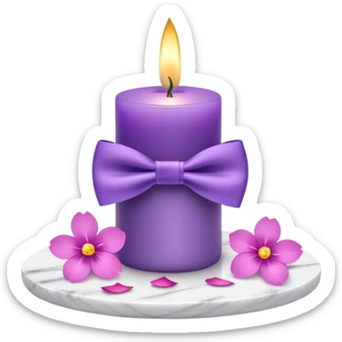 Purple candle on a white marble-candle-holder-stand, with flowers next to, and flower petals, and bow tie sticker