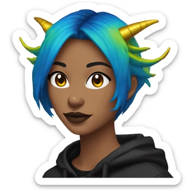 Lady with brunette and iridescent blue hair, gold, lime green dragon wings, black hoodie, bleach dyed, black and gold Nike t shirt, and bright red eyes sticker