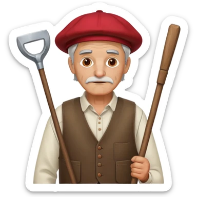 Catalan old peasant man with a catalan red cap, a white shirt, a brown waistcoat and carrying a hoe on the right shoulder sticker