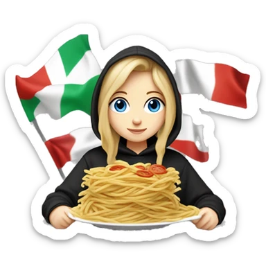 pale girl with blue eyes and pretty eyelashes and dirty blonde hair and freckles holding an italian flag while eating pasta and with a black hoodie on that says “morgan” on it sticker
