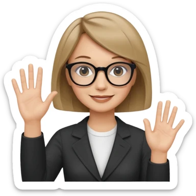 woman dark blonde petite bob haircut wears dark squarish glasses, classic clothes, smiling, waving, a tad older sticker