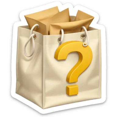 White bag with yellow questions mark cube boxes stuffed in it sticker