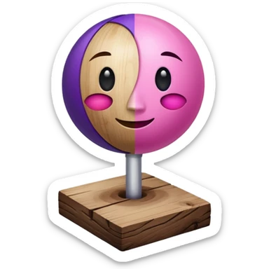 A half pink half purple ball with a face wooden stem followed by a glass stem on top of the wood stem tilted 90 degrees sticker