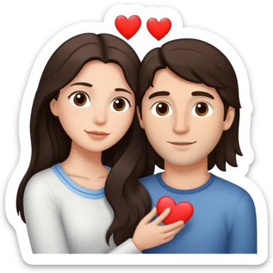 A couple embracing, man with light mestizo skin and straight dark brown hair, woman with fair skin and long slightly wavy dark brown hair, with white hearts around them sticker