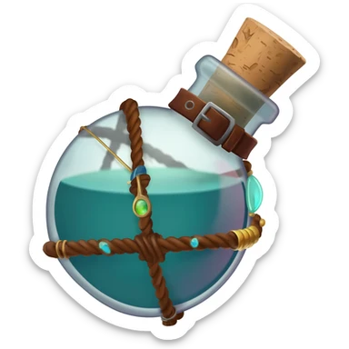 an empty round potion bottle a little rotated with a cork and decorations on the bottle like ropes and belts and random stuff sticker