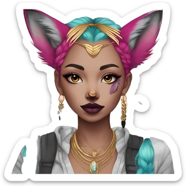 Pink magenta burgundy maroon cyan beige gray fox black stripes wearing gold jewellery gold piercings gold ear piercing gold nose piercing vintage watercolour tie dye black raven wings sticker