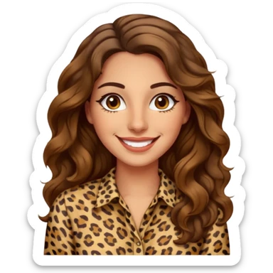 30 yr old italian woman, long brown wavy hair, big brown eyes, huge smile, leapord shirt, no bangs,  sticker