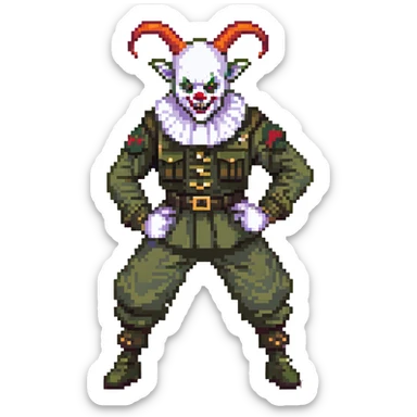 evil clown soldier, bald, short goat horns on forehead, fangs, pointed ears, black and military green clothes, fighting stance sticker
