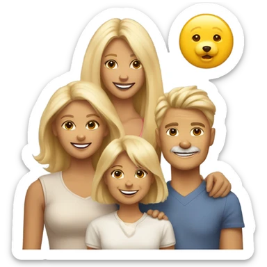 A family consisting of a smiling mother with blonde hair, a 20-year-old daughter, a fluffy beige Pomeranian dog and a yellow Pincher dog sticker