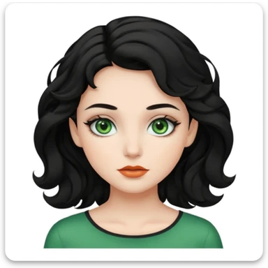 A girl with green eyes, black wavy hair with clean girl make up sticker