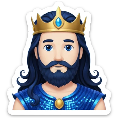 Neptune, King of the Sea from Gods and Goddesses with long black hair and beard, cobalt blue sequin outfit sticker