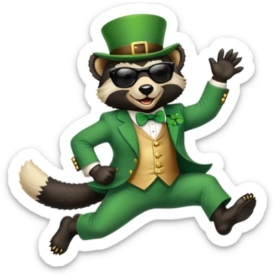 friendly anthropomorphised honey badger in a classic leprechaun suit with shamrock accessories, wearing sunglasses, jumping, St. Patrick's Day, no beer sticker