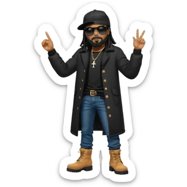 African American man with shoulder length black dreadlocks and black beard with black sunglasses wearing a black bubble winter coat with denim skinny jeans and timberland boots and a black New York Yankees baseball hat pointing finger out at someone sticker