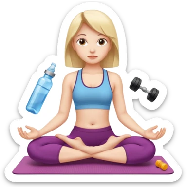 Девушка сидит на коврике для йоги и рядом стоит вода, таблетки, гантели  sticker
