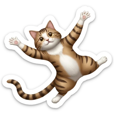 dark brown tabby and white cat with doing a big extremely long stretch reaching up into the air with arms and legs side by side together straight and overextended whilst lying on its side sticker