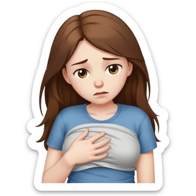 Sad women with long brown hair rubbing stomach with shirt on sticker