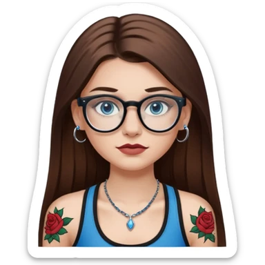 White girl with long straight brown hair and blue eyes wearing plastic frame glasses that go from black to clear ombré from top to bottom. Stud nose piercing on right side of nose and a septum piercing. Wearing black tank top. Rose tattoo on right arm. sticker