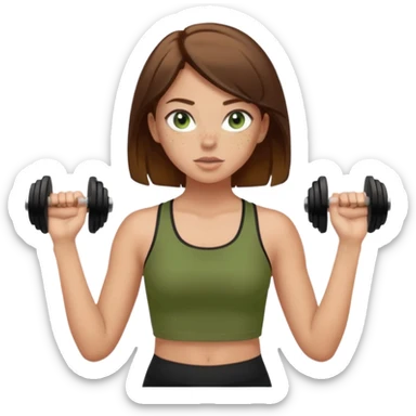 Girl with green eyes, brown hair that goes to her elbows, light skin, and freckles wearing an olive green crop top with black leggings working out, she has light gorgeous lashes sticker