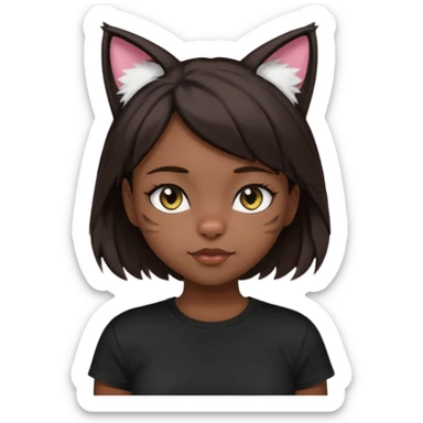 a girl with short dark brown hair with lots of dandruff , cat ears and a tail, with a black t-shirt on sticker