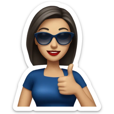 
brunette in dark blue sunglasses, with red lips and in a dark blue dress shows a thumbs up sticker