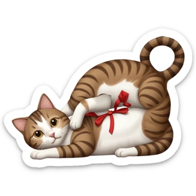 dark brown tabby and white cat with doing a big extremely long stretch reaching up into the air with arms and legs side by side together straight and overextended whilst lying on its side sticker