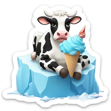 Cow eating ice cream while sitting on an iceberg with fireworks  sticker