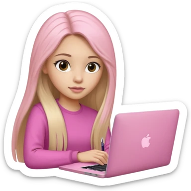 Chica lacia peli larga en una MacBook rosa investigando y haciendo tareas con un libro de apuntes y con cara muy linda como modelo sticker