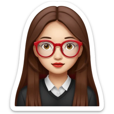 20 yr old asian woman, straight thick long brown hair, middle part, big red glasses, brown eyes sticker