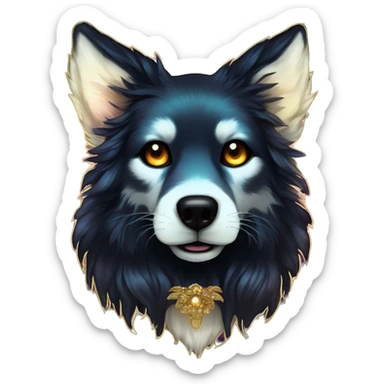 Black iridescent fluffy dog fox head zombie skeleton gold mechanical nebula galaxy stars colorful flowers fairy lights vintage sticker