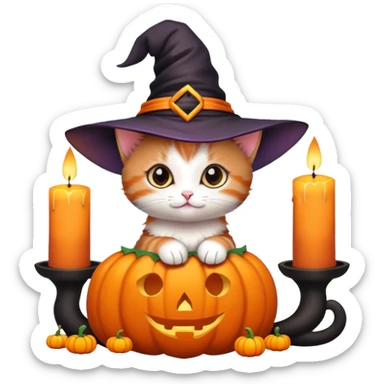 An orange and black kitten with a tiny witch hat, a pumpkin by its side, surrounded by candles, bats, and magical sparkles. sticker