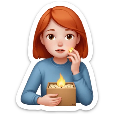 A fragile girl sitting beside a wall, clutching a box of matches, lighting one to warm her cold rosy cheeks.
 sticker