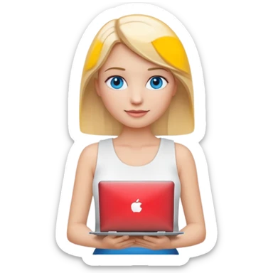 3D Apple-style emoji of a blonde woman with bright blue eyes,
wearing a white sleeveless top,
holding a silver laptop,
clean white background, smooth rounded design
 sticker