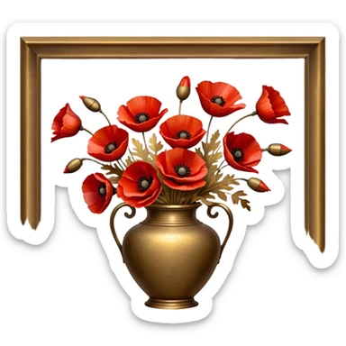 Vibrant red poppies in a weathered brass vase, their petals softly illuminated by golden light. A few dried brown leaves and delicate gold accents enhance the nostalgic feel. sticker