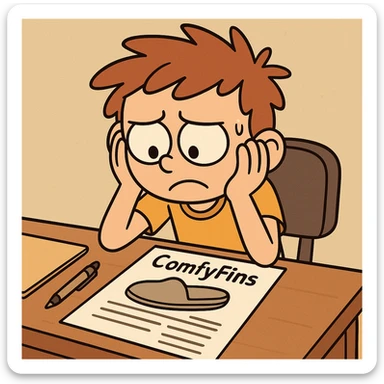 child entrepreneur, sitting at a desk with ComfyFins paperwork, head in hands, cartoon style sticker