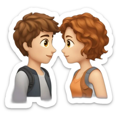 a auburn short haired boy and brown long haired girl kissed sticker
