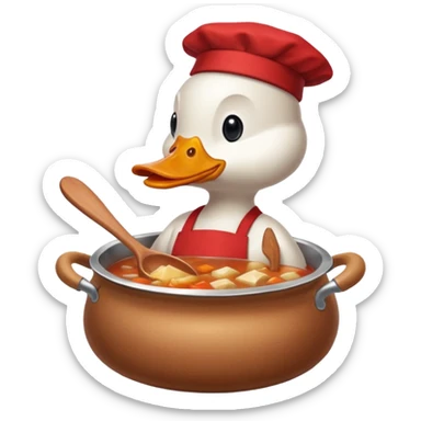 A duck wearing red apron stirring soup in a small pot, looking very focused. sticker