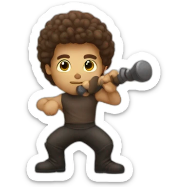 men with borwn hair taking a macebell sticker