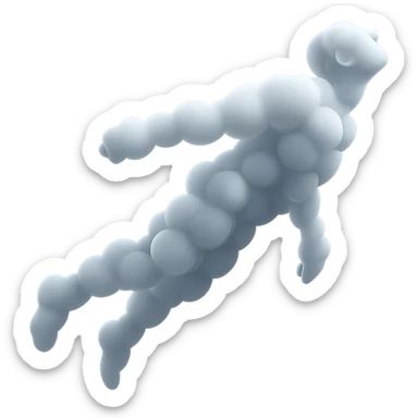 side view of unconscious person flying upwards by torso, legs and arms downwards, made of small very bright white fluffy convex clouds, matte glass style sticker