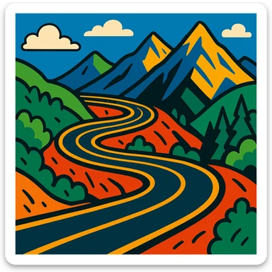 a winding mountain road with sharp curves, vibrant cartoon style sticker