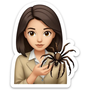 Attractive Mexican woman in her 20s with dark brown hair with a little blonde highlights, with a tarantula sticker