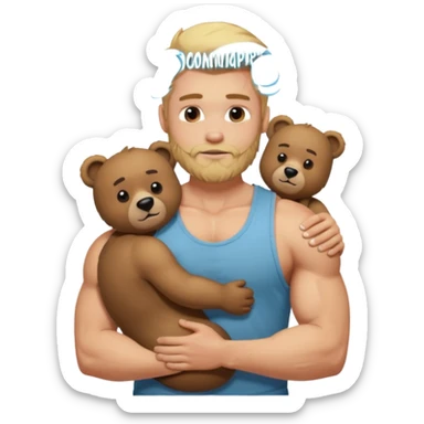 Blonde guy with  faded size and long on top muscular hair with a beard in a tank top muscular hugging a bear sticker