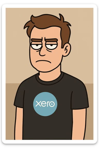 cartoon style man with brown hair, no beard, no glasses, wearing a black Xero software company t-shirt, looking unamused sticker