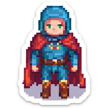 pixel art icon of a small hero figure with a cape, retro games style sticker