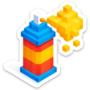 voxel style spray paint can with gold paint, spray coming out, isometric view sticker